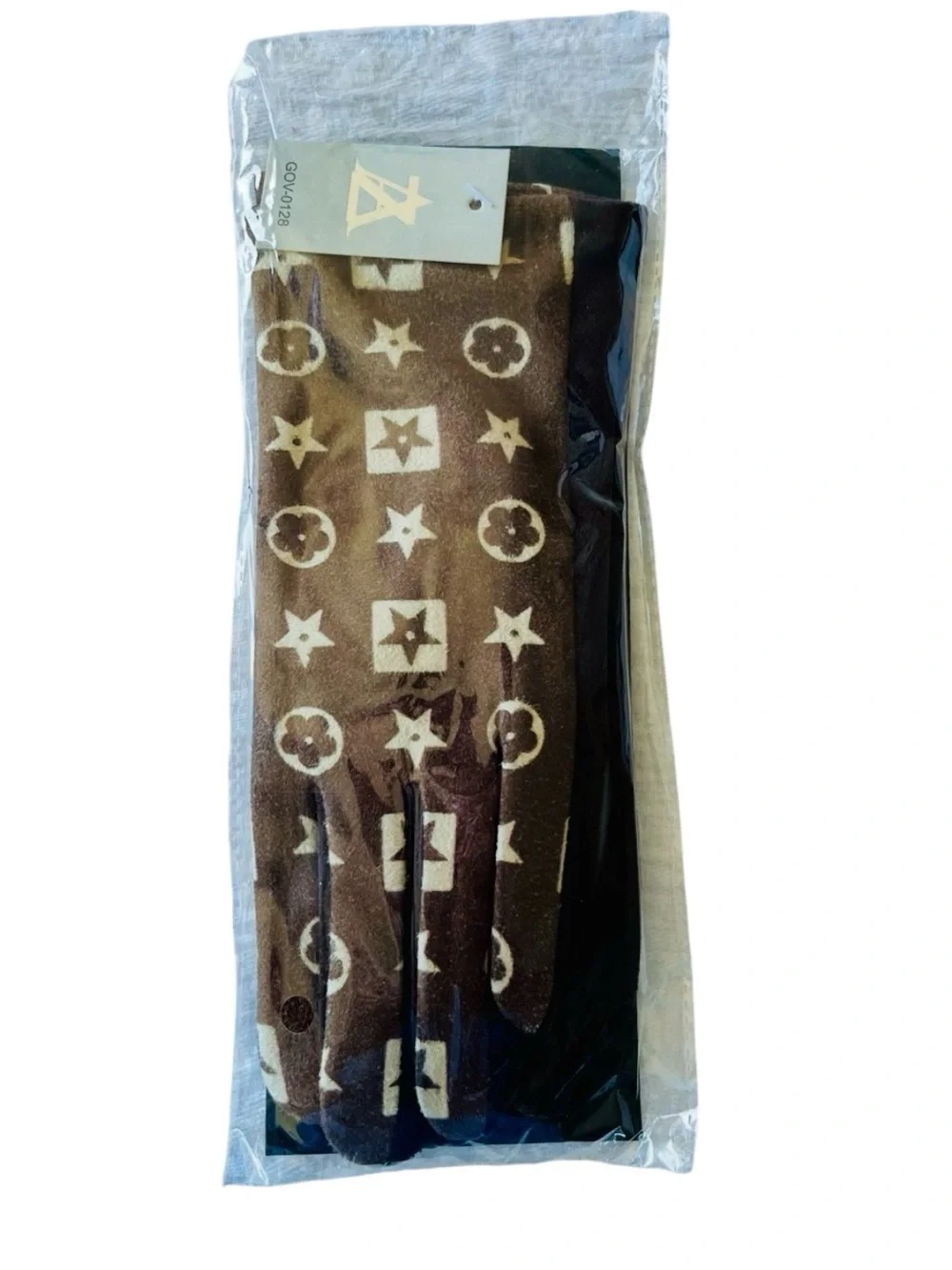 New Women’s M/L Brown Monogram Print Stretch Gloves Soft Touch Winter Fall
